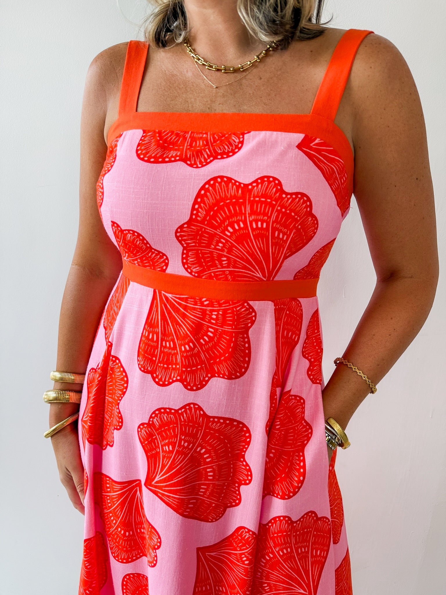 Shell Print with Square Neck Midi Dress