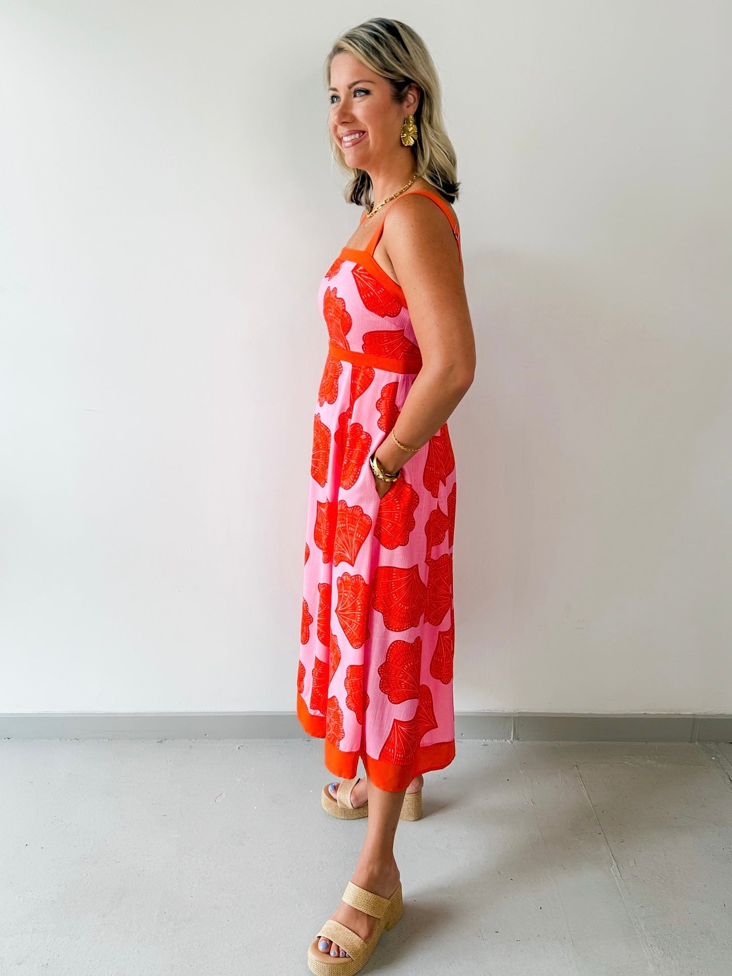 Shell Print with Square Neck Midi Dress
