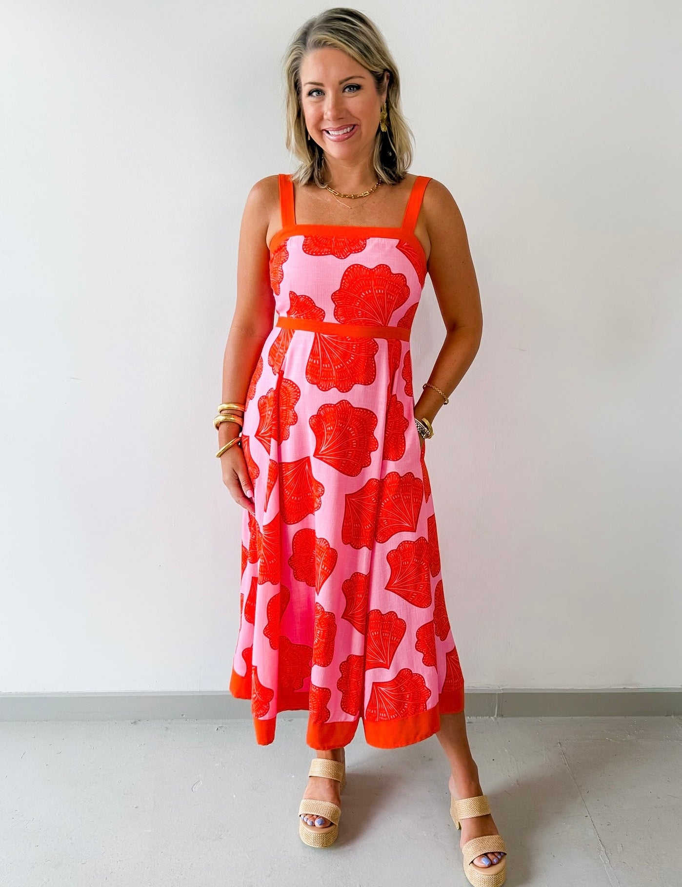 Shell Print with Square Neck Midi Dress