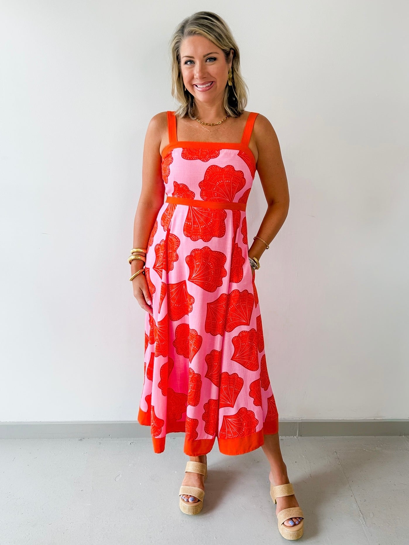 Shell Print with Square Neck Midi Dress