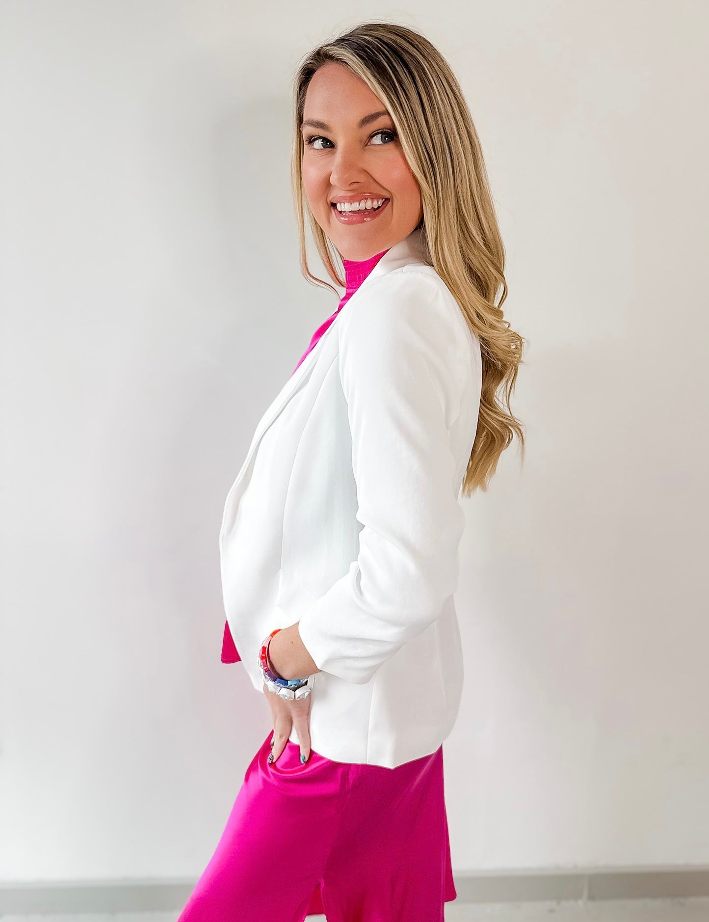 Shirred Sleeve Blazer - White