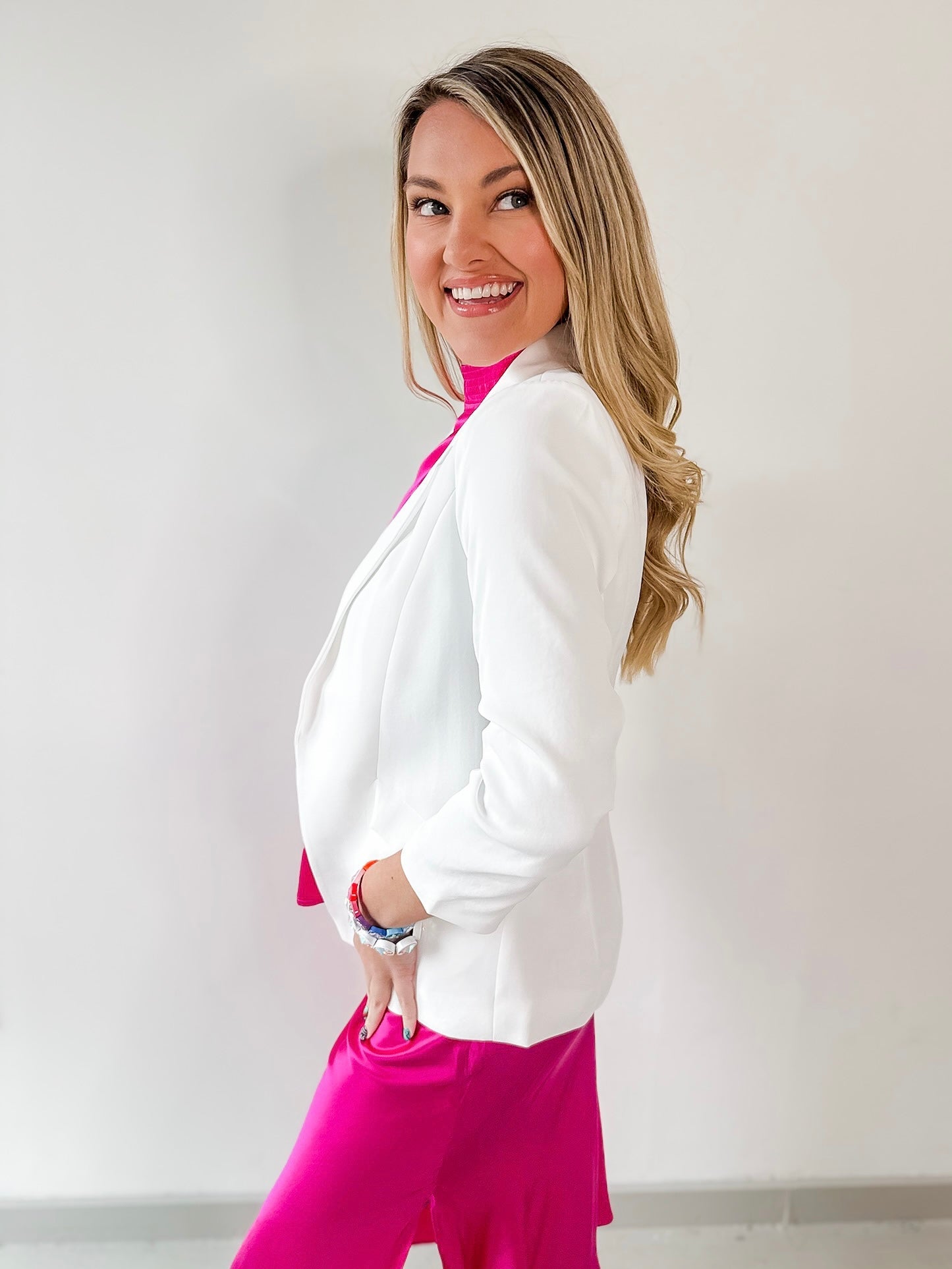 Shirred Sleeve Blazer - White