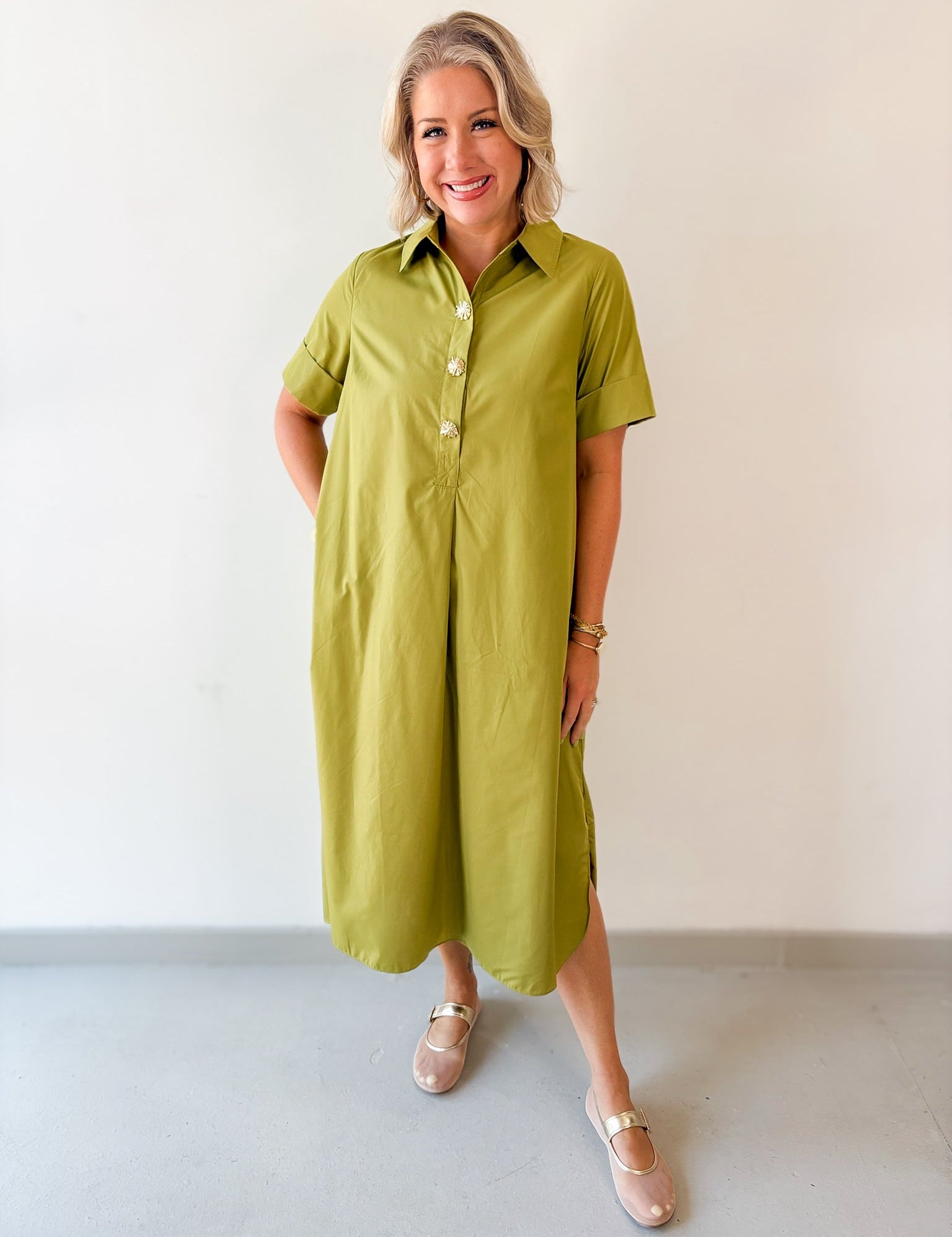 Short Sleeve Midi Dress - Olive