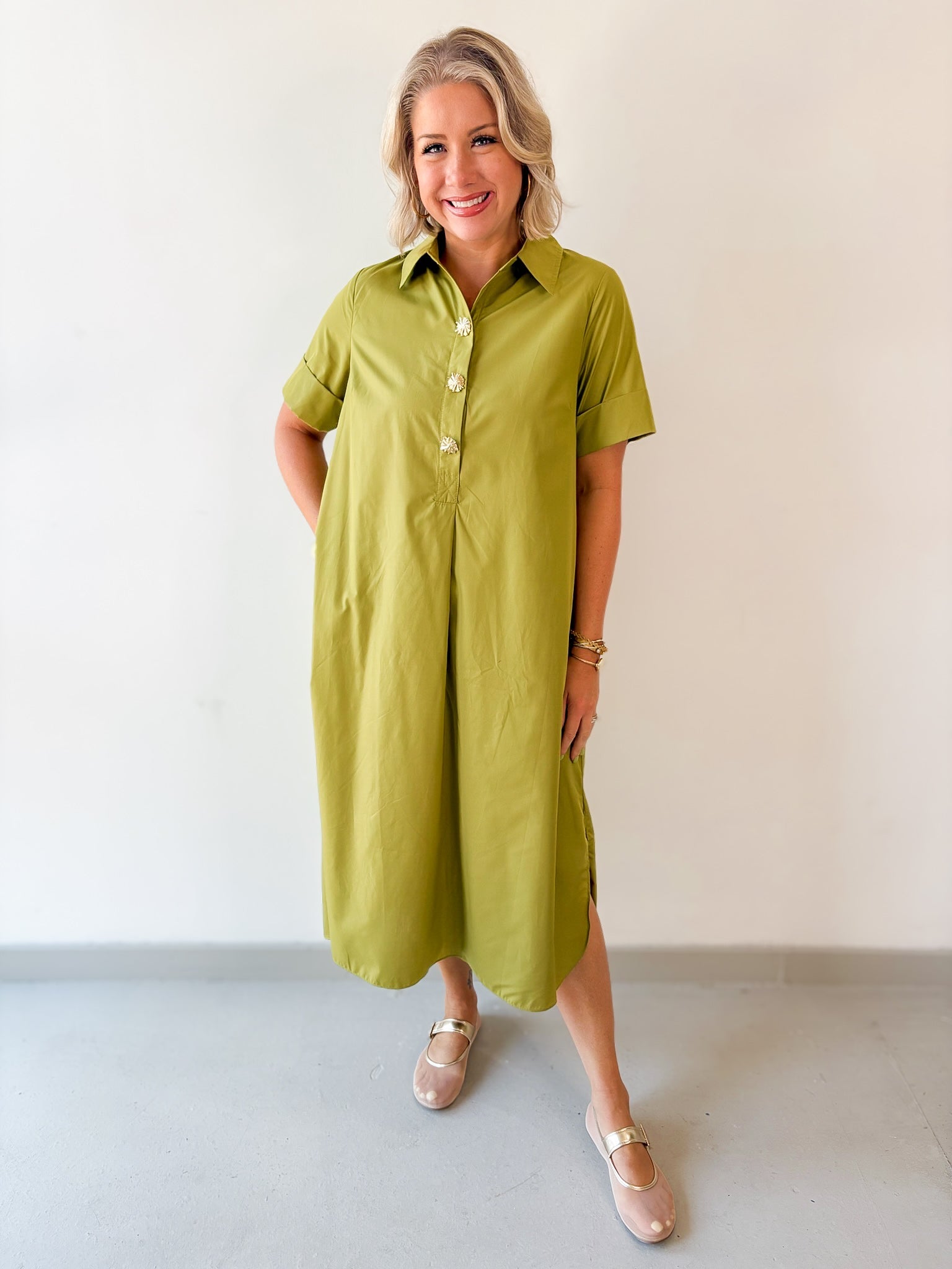 Short Sleeve Midi Dress - Olive