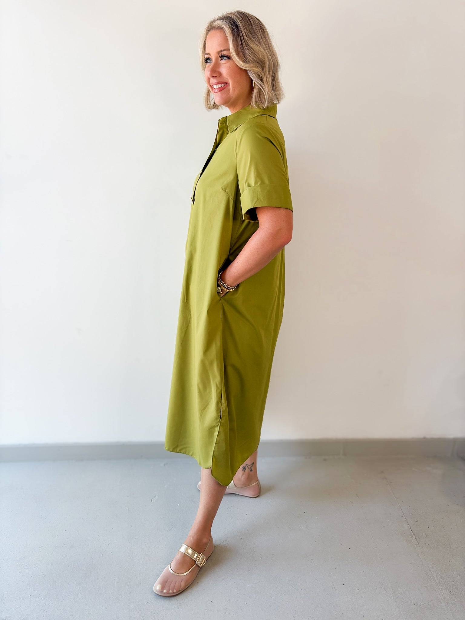 Short Sleeve Midi Dress - Olive