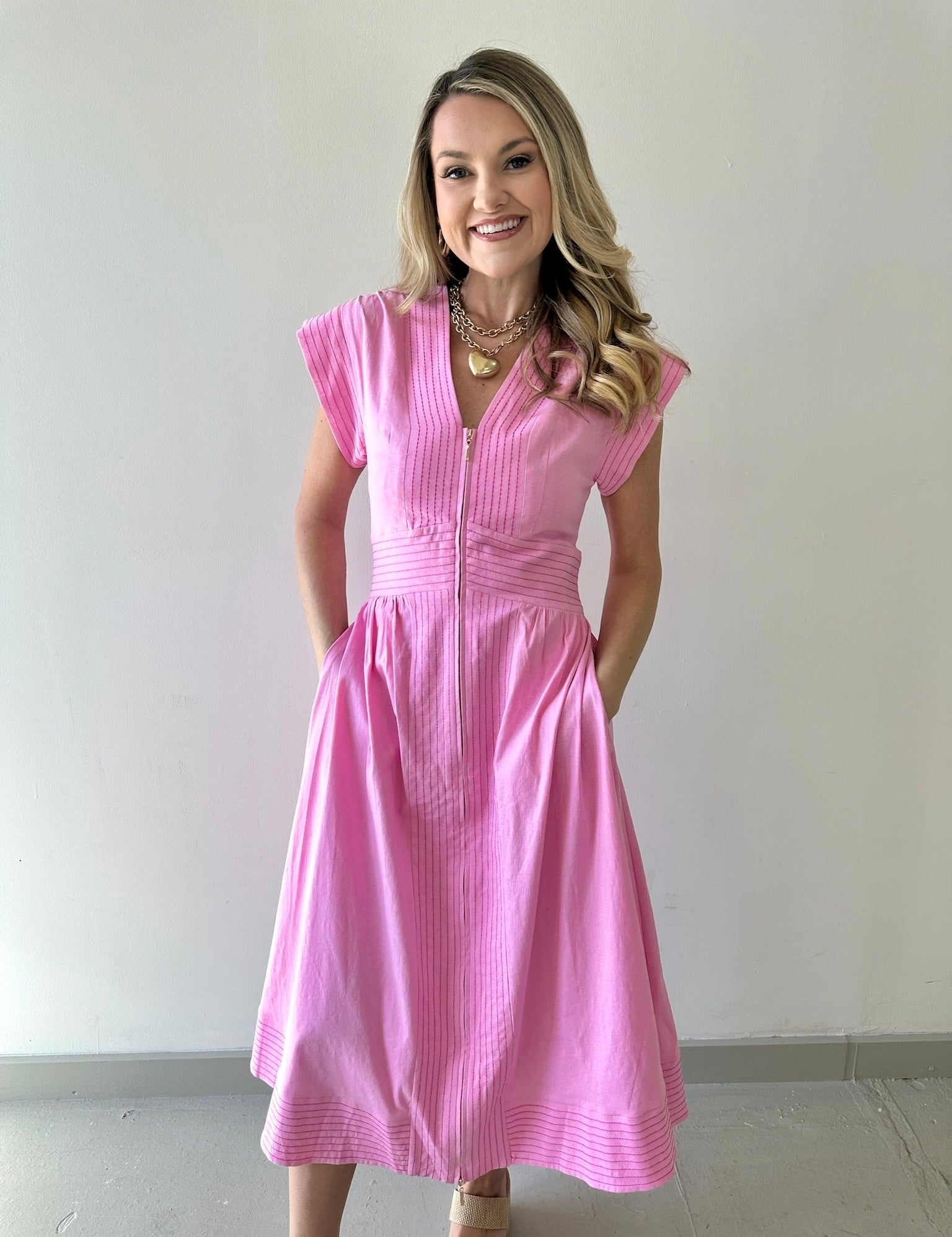 Short Sleeve Pinktuck Zip Midi Dress - Pink