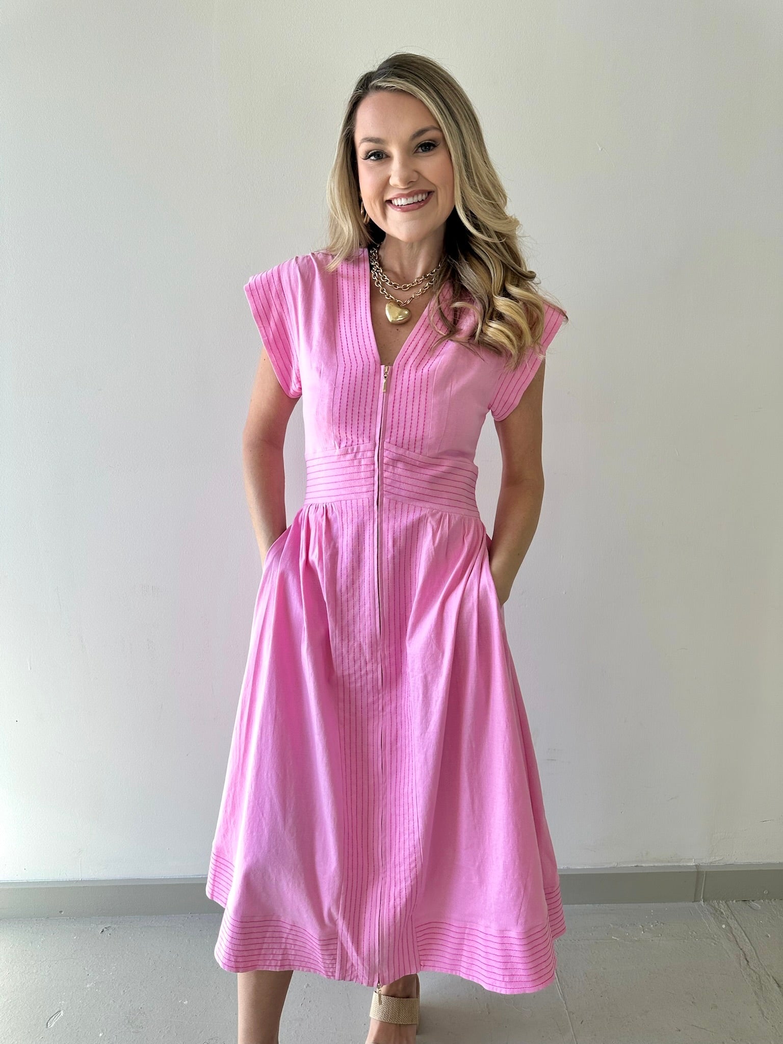 Short Sleeve Pinktuck Zip Midi Dress - Pink