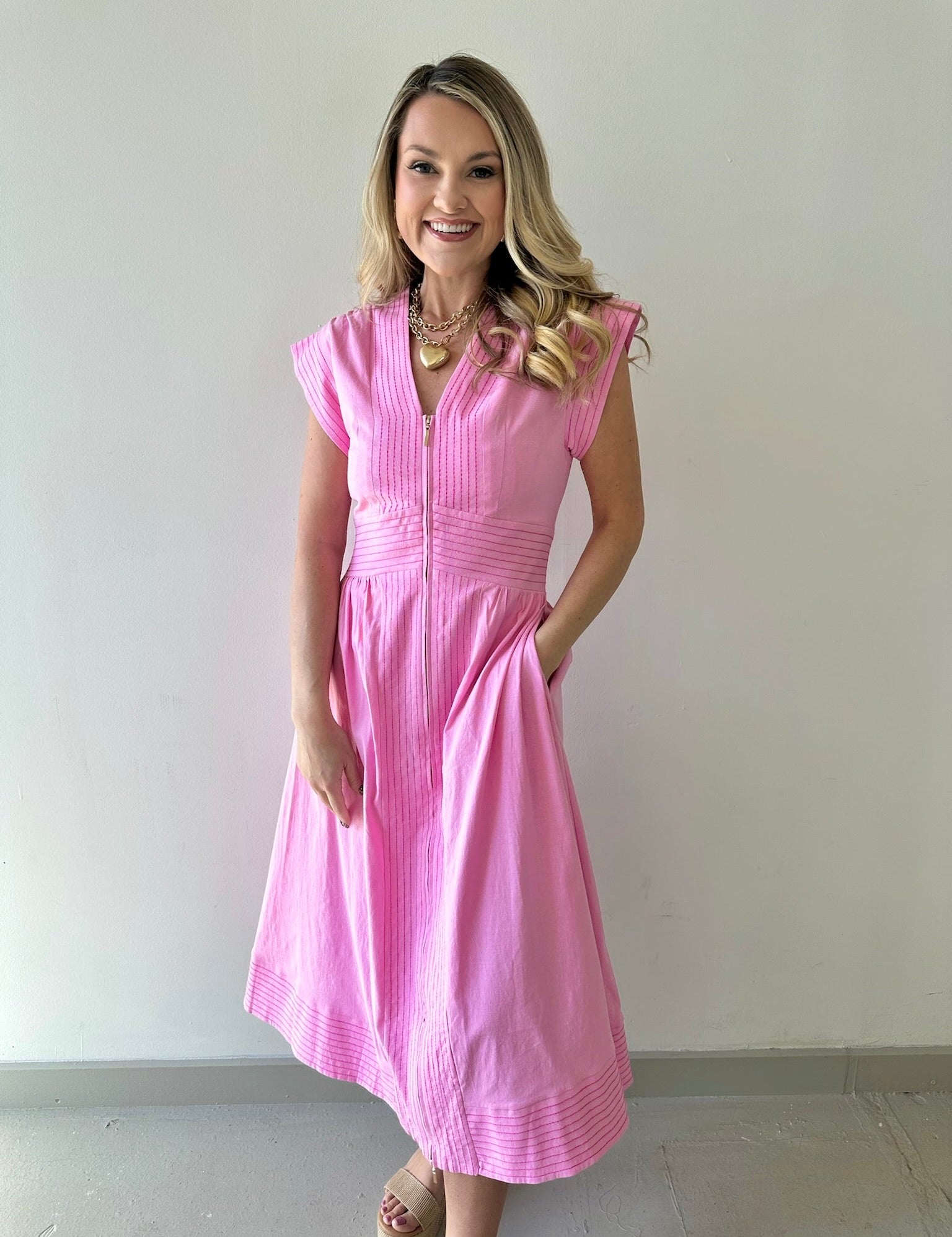 Short Sleeve Pinktuck Zip Midi Dress - Pink