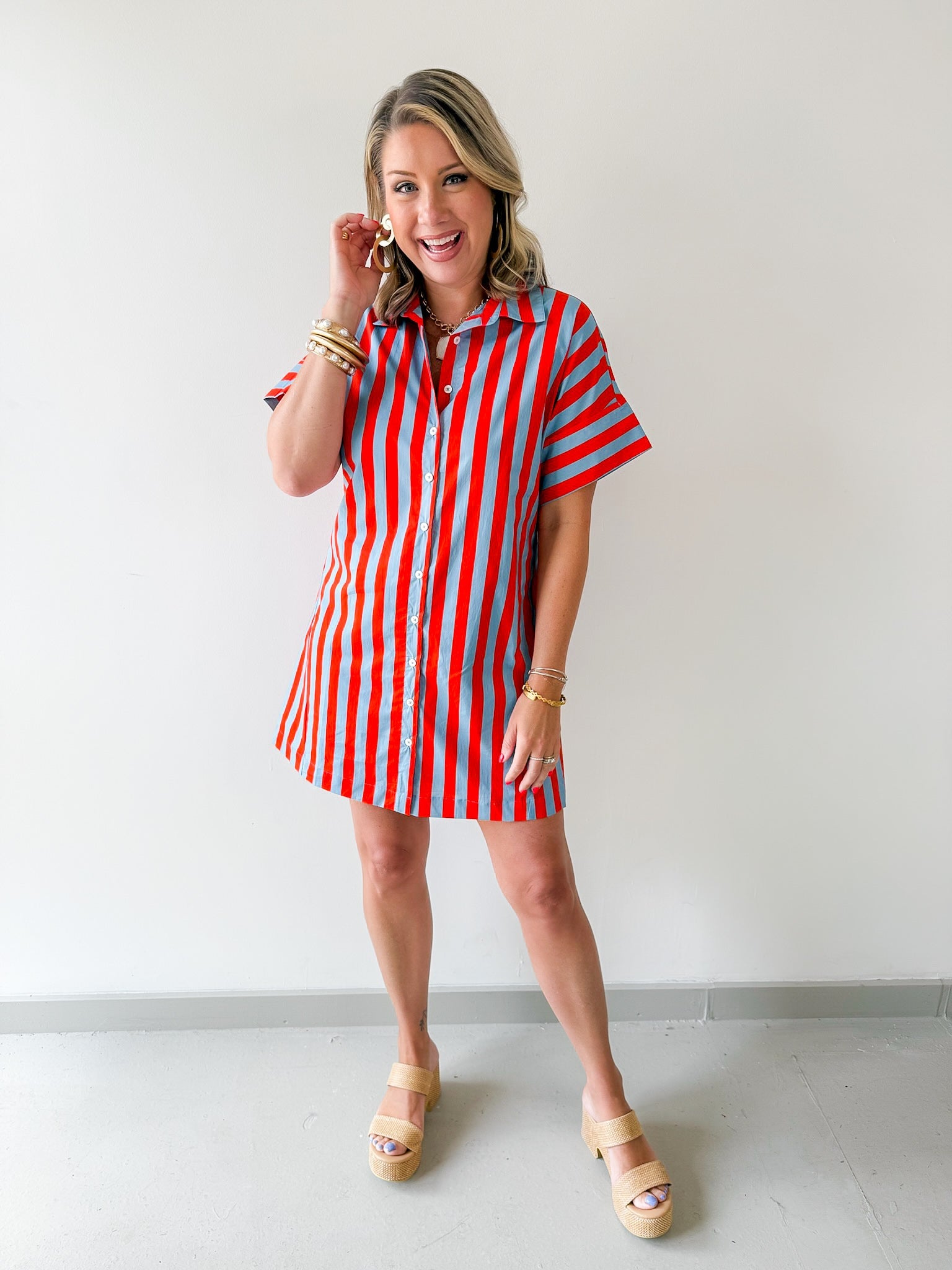 Short Sleeve Striped Button Up Dress