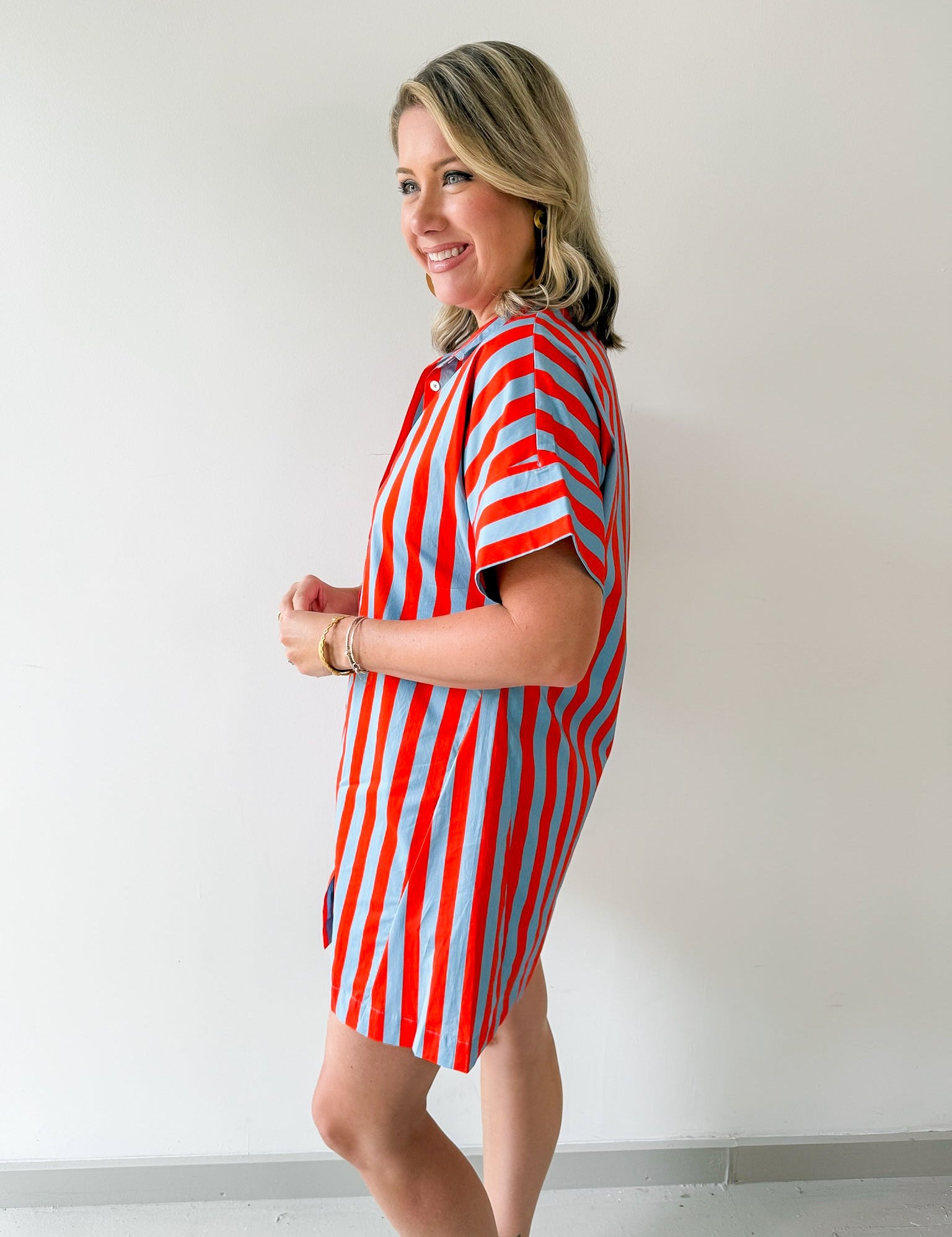 Short Sleeve Striped Button Up Dress
