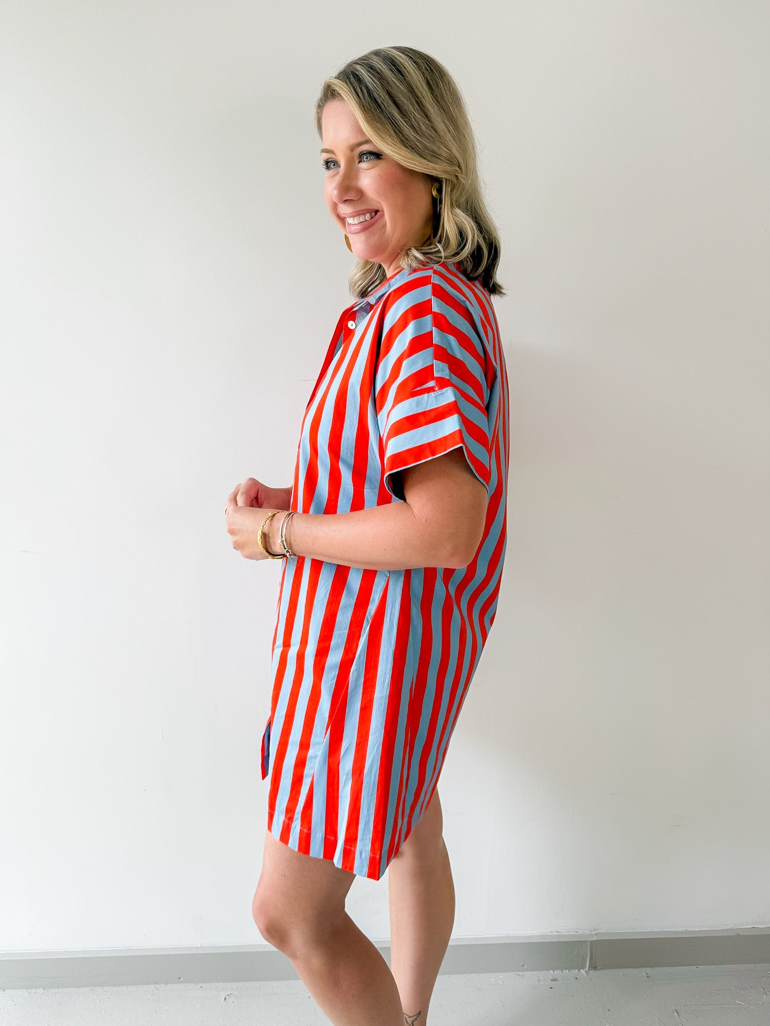 Short Sleeve Striped Button Up Dress
