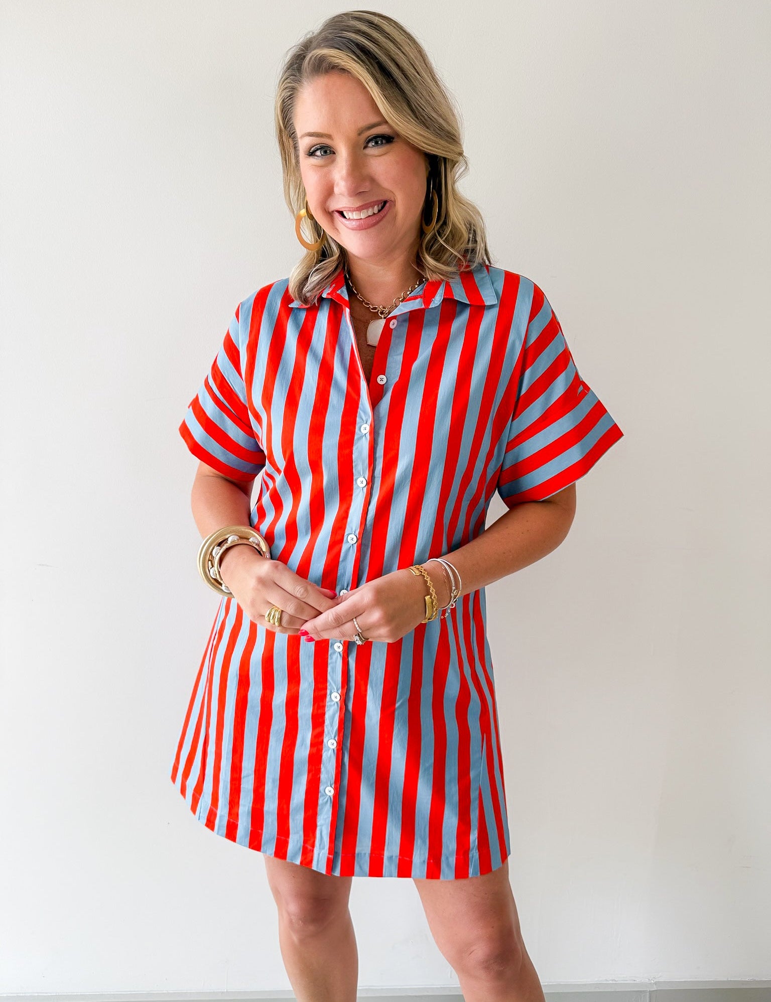 Short Sleeve Striped Button Up Dress