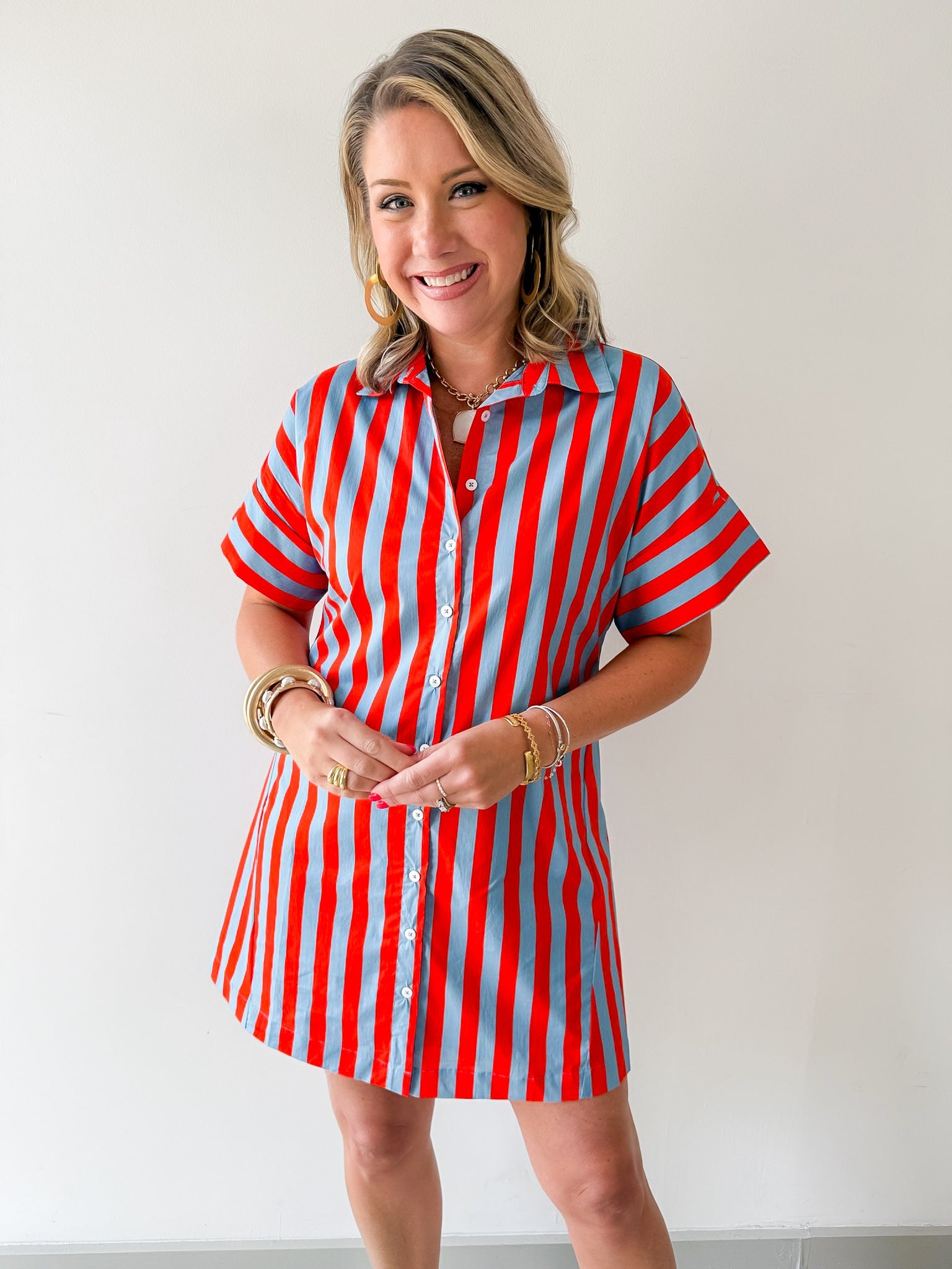 Short Sleeve Striped Button Up Dress