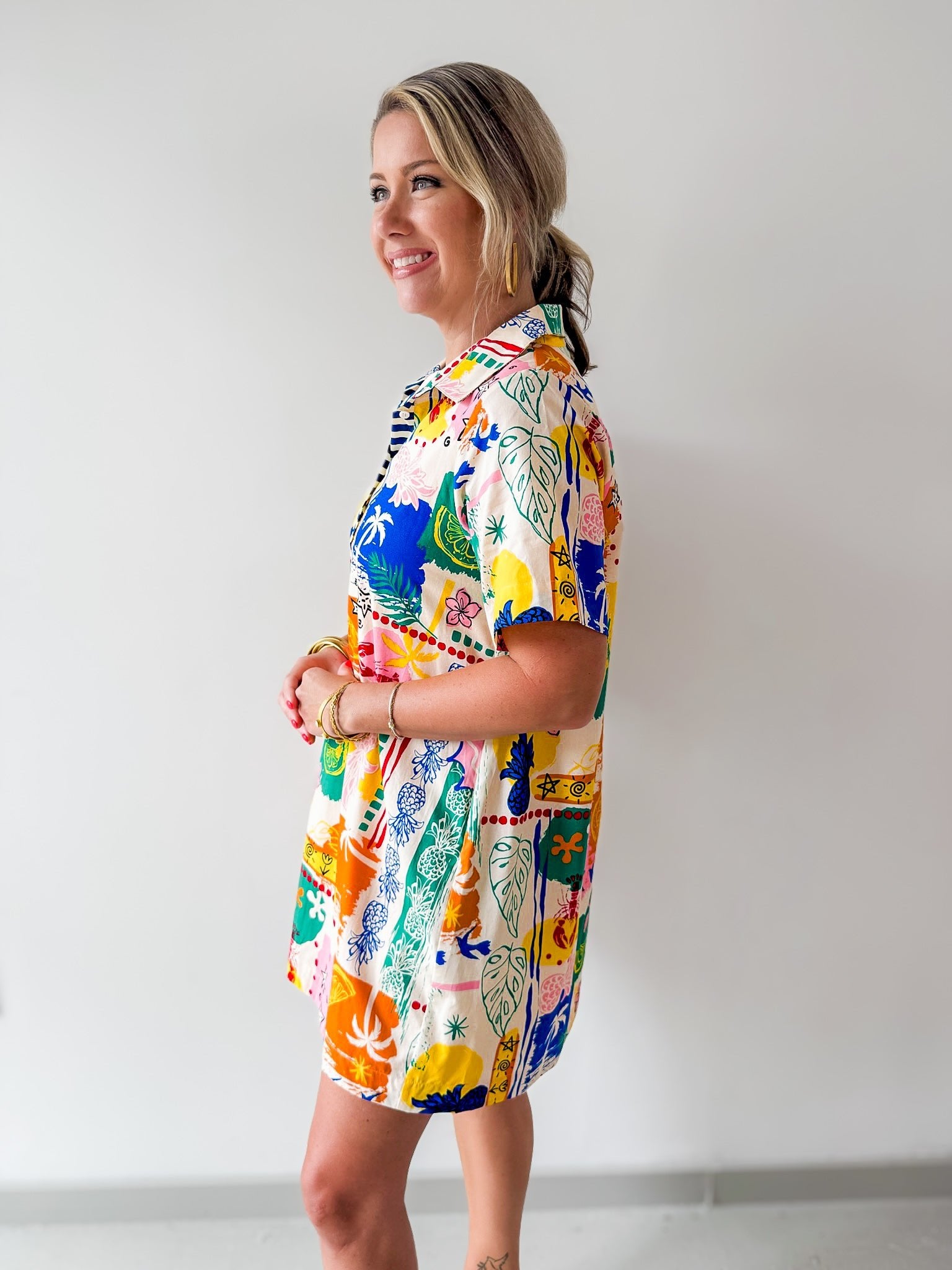 Short Sleeved Printed Dress - Cream