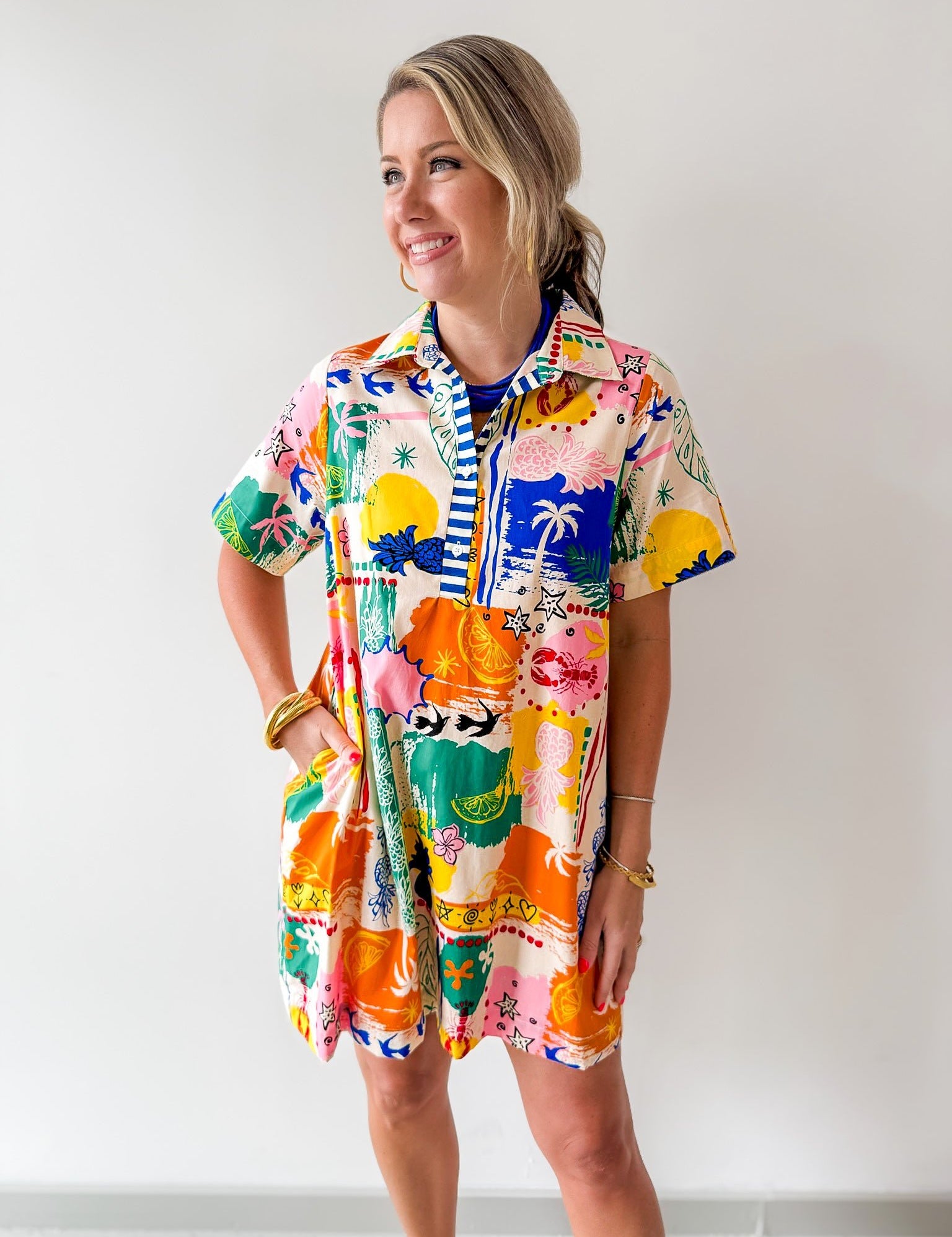 Short Sleeved Printed Dress - Cream