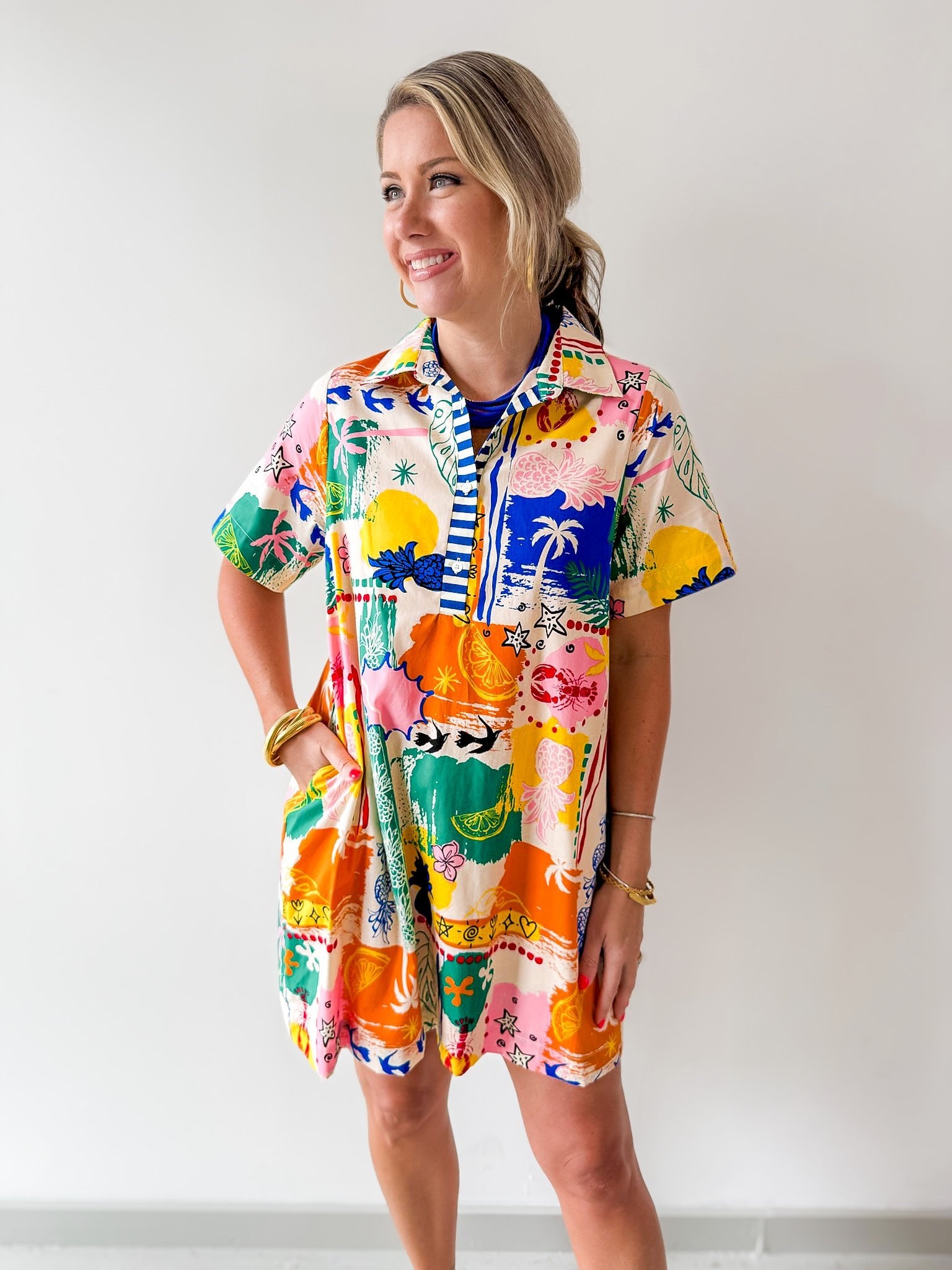 Short Sleeved Printed Dress - Cream
