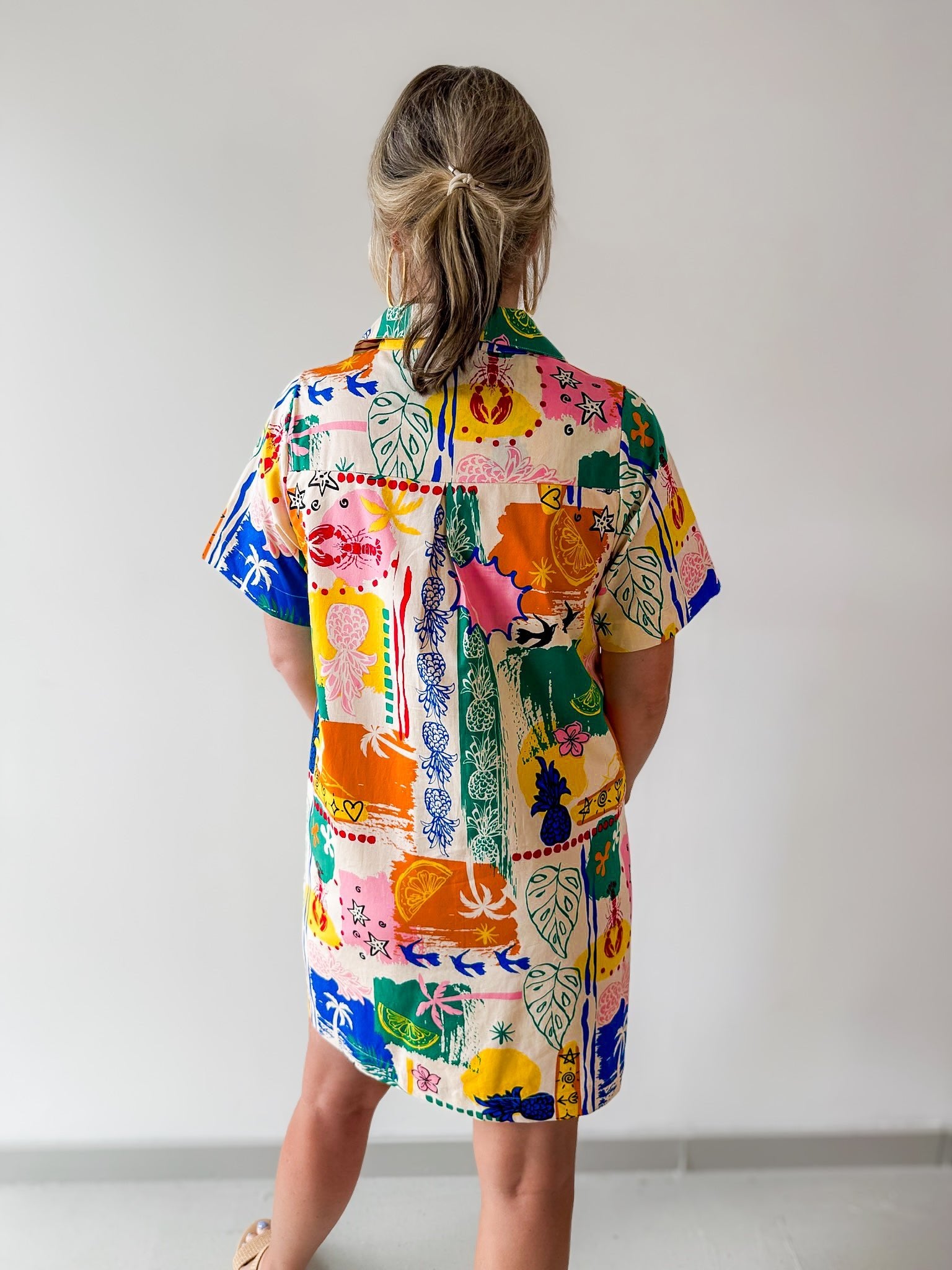 Short Sleeved Printed Dress - Cream