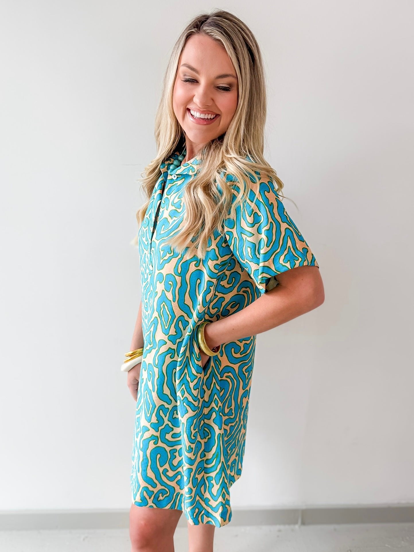 Short Sleeved Printed Dress - Teal