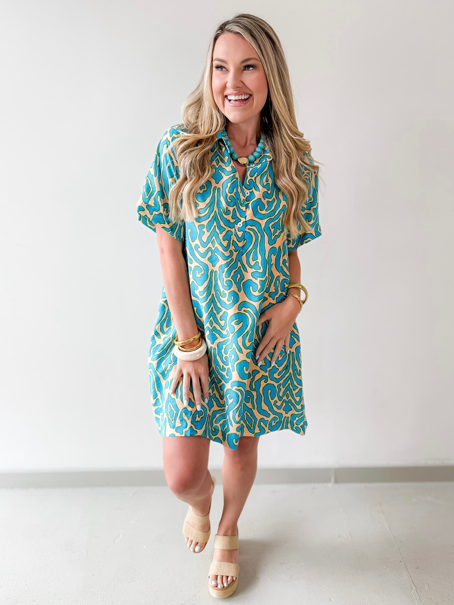 Short Sleeved Printed Dress - Teal