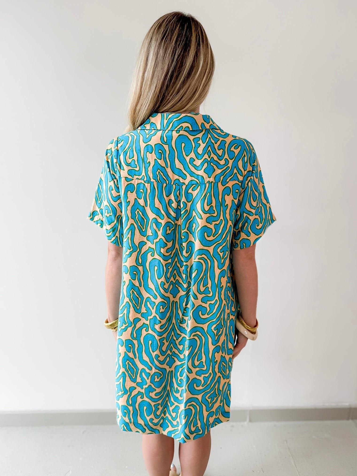 Short Sleeved Printed Dress - Teal