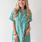 Short Sleeved Printed Dress - Teal