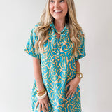 Short Sleeved Printed Dress - Teal