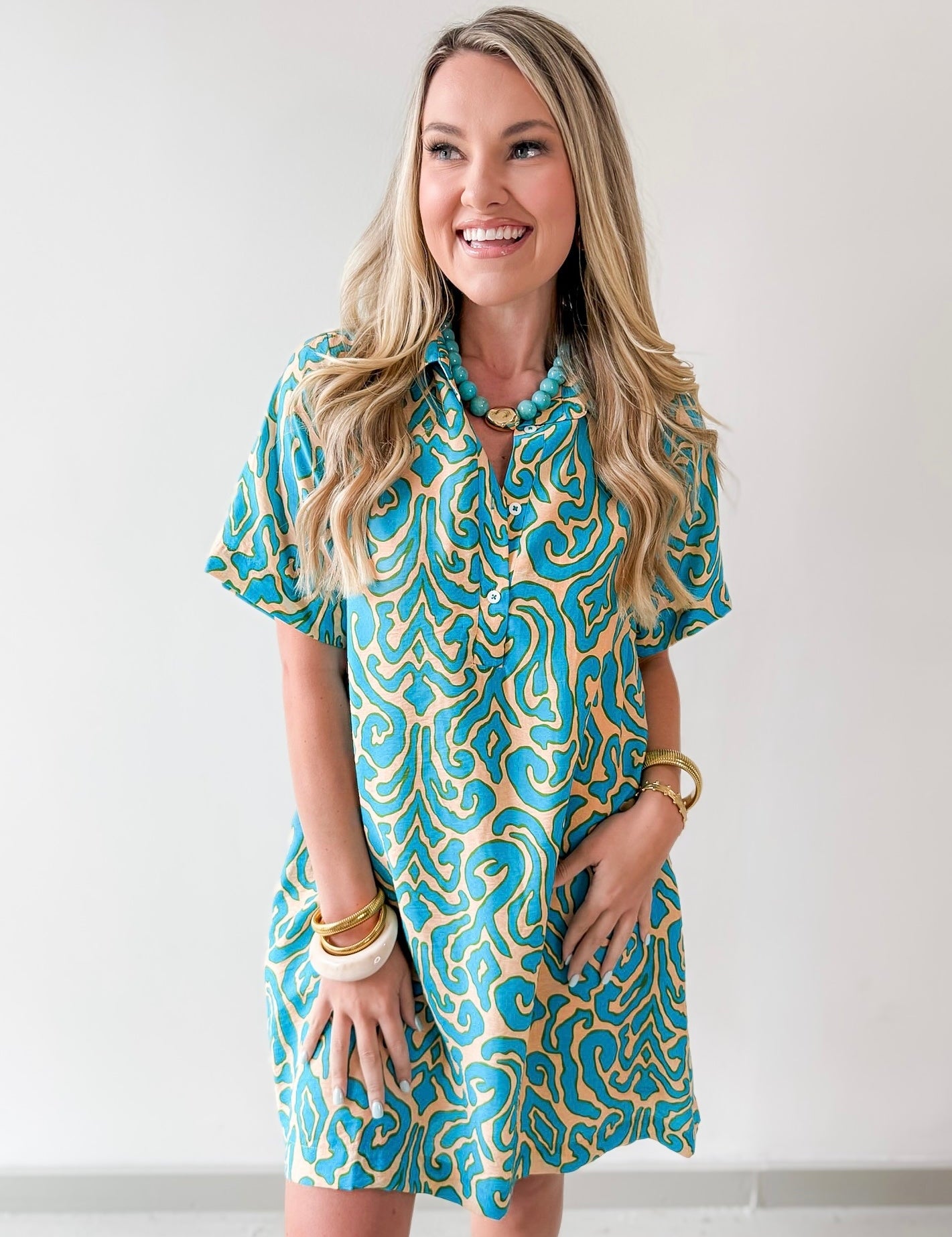 Short Sleeved Printed Dress - Teal