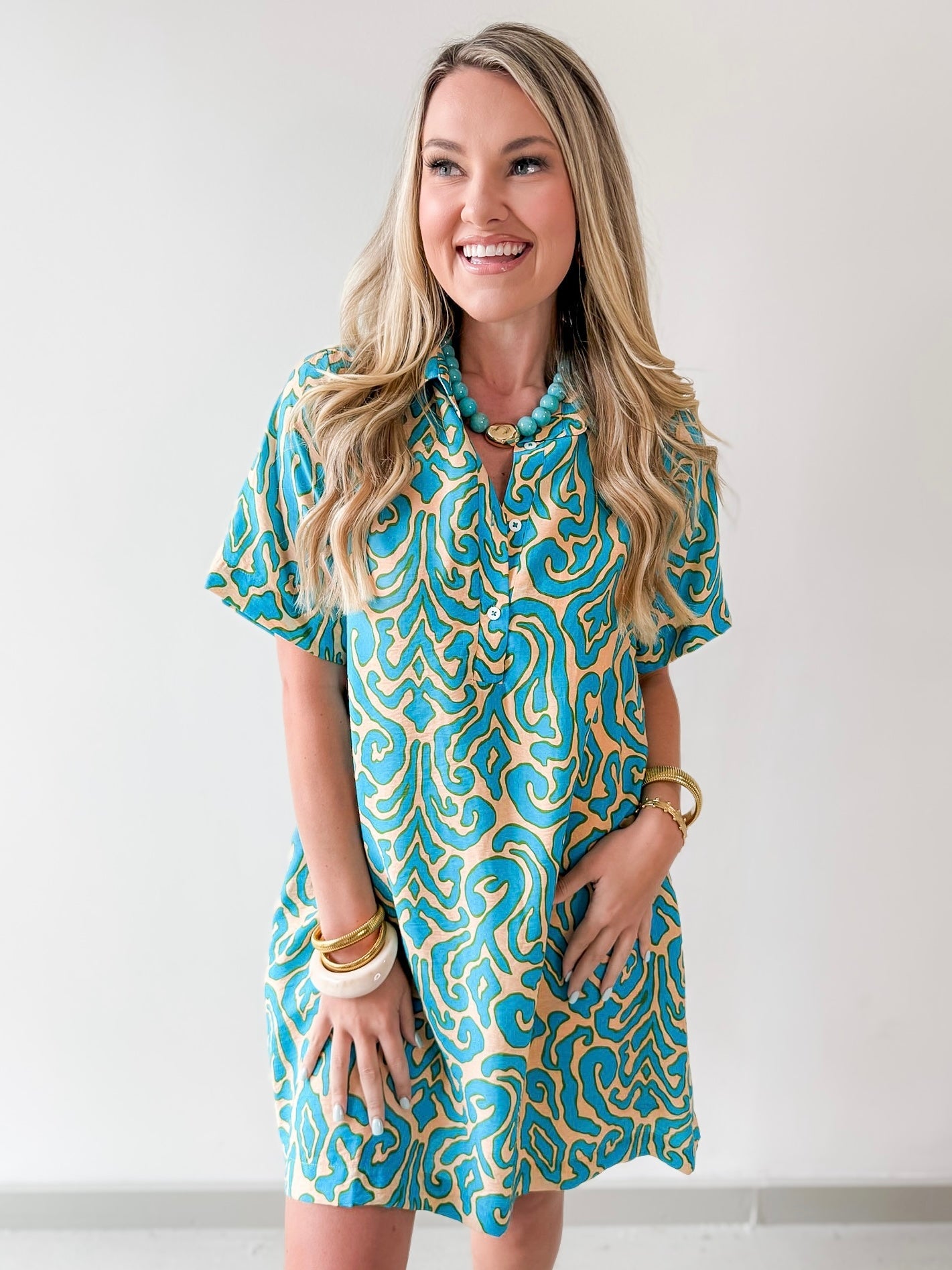 Short Sleeved Printed Dress - Teal
