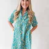 Short Sleeved Printed Dress - Teal