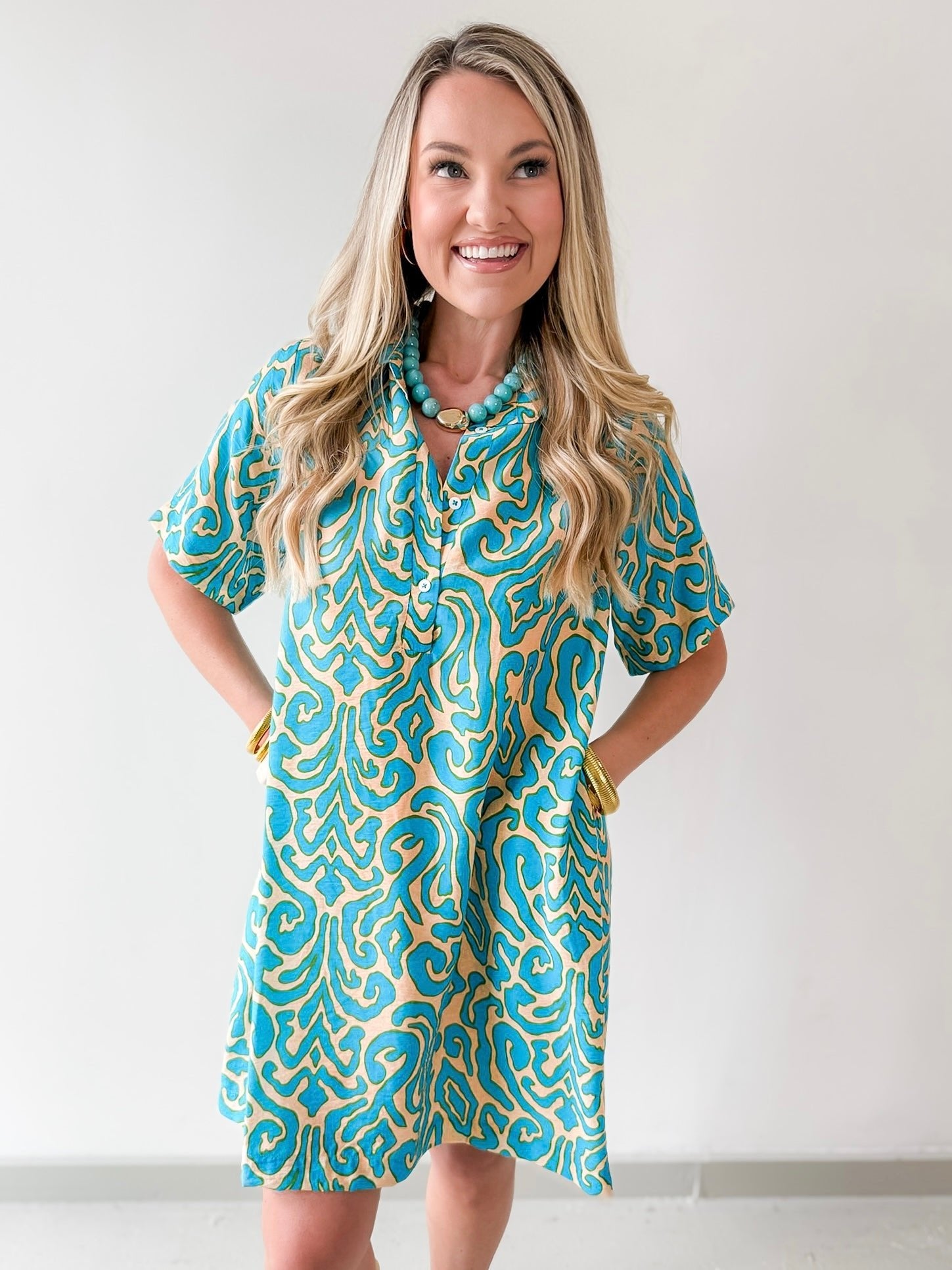 Short Sleeved Printed Dress - Teal