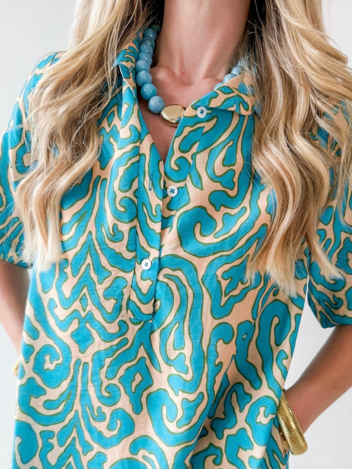 Short Sleeved Printed Dress - Teal