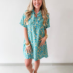 Short Sleeved Printed Dress - Teal