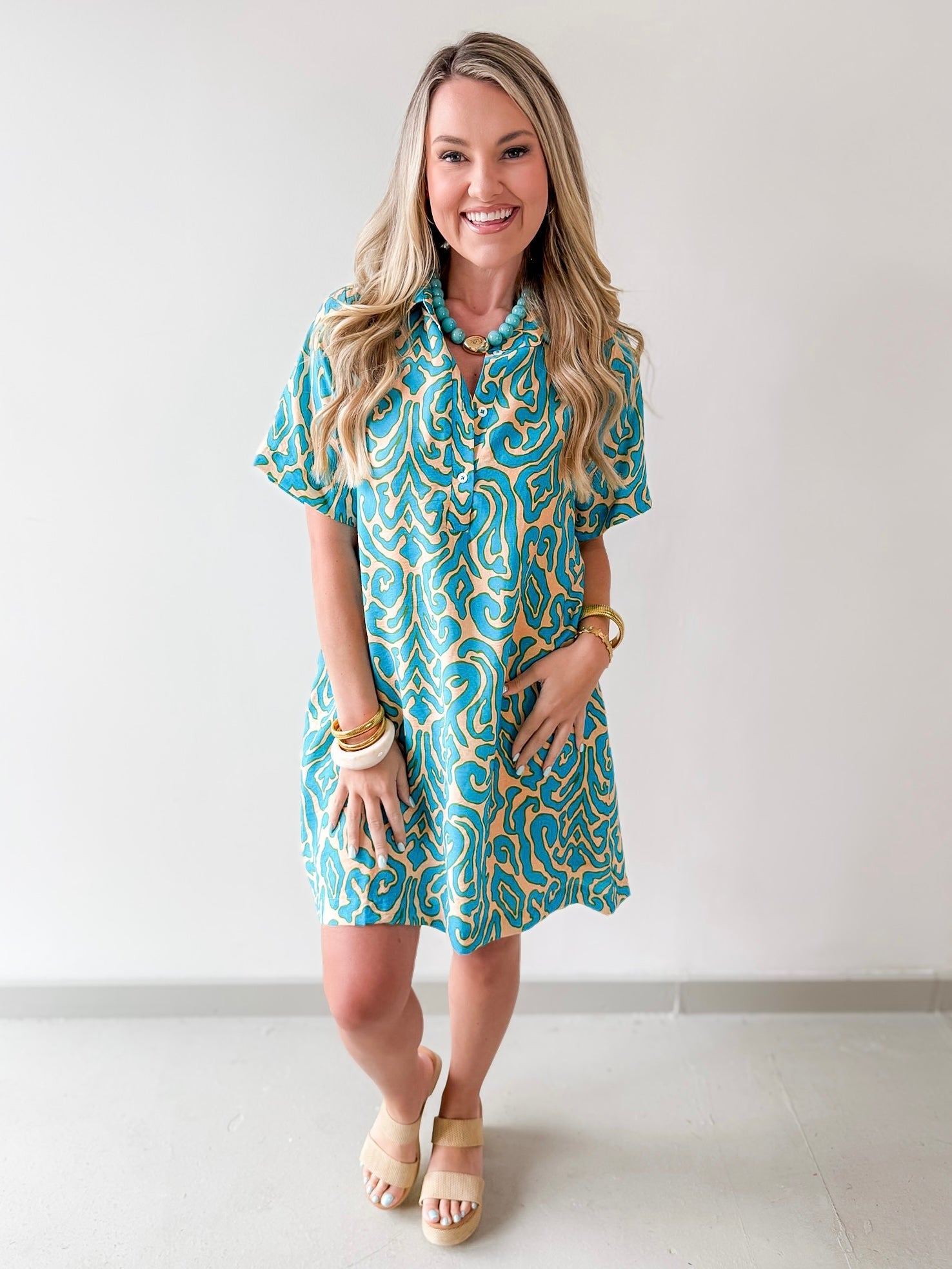 Short Sleeved Printed Dress - Teal