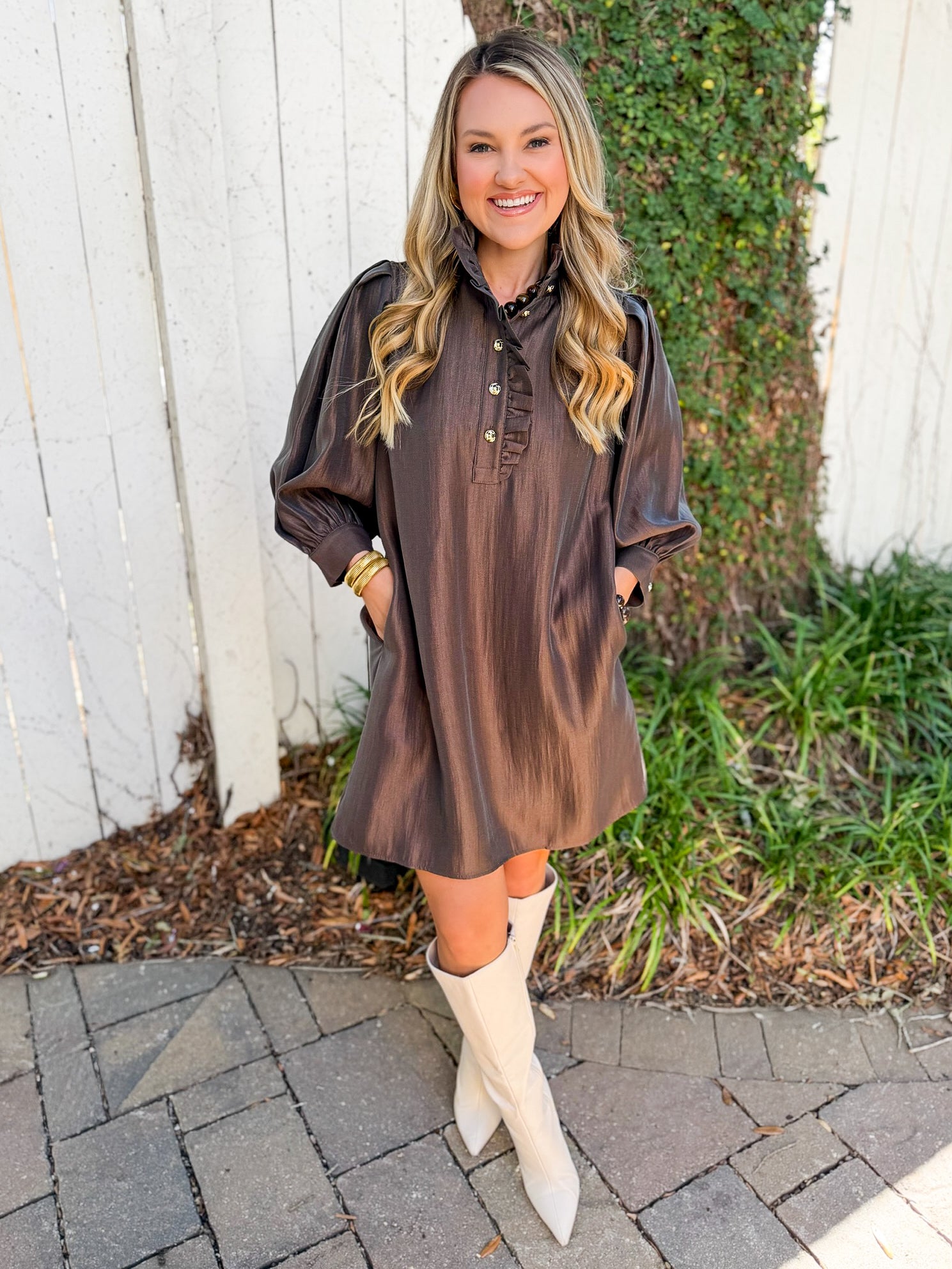 Silky High Neck Long Sleeved Dress - Espresso