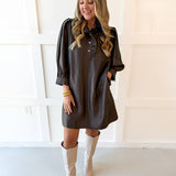 Silky High Neck Long Sleeved Dress - Espresso