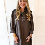 Silky High Neck Long Sleeved Dress - Espresso