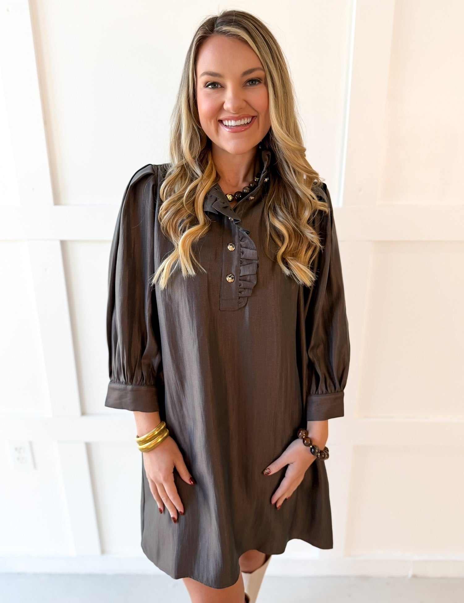 Silky High Neck Long Sleeved Dress - Espresso