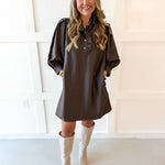 Silky High Neck Long Sleeved Dress - Espresso