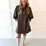 Silky High Neck Long Sleeved Dress - Espresso