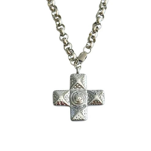 Silver Large Block Cross Pendant Necklace