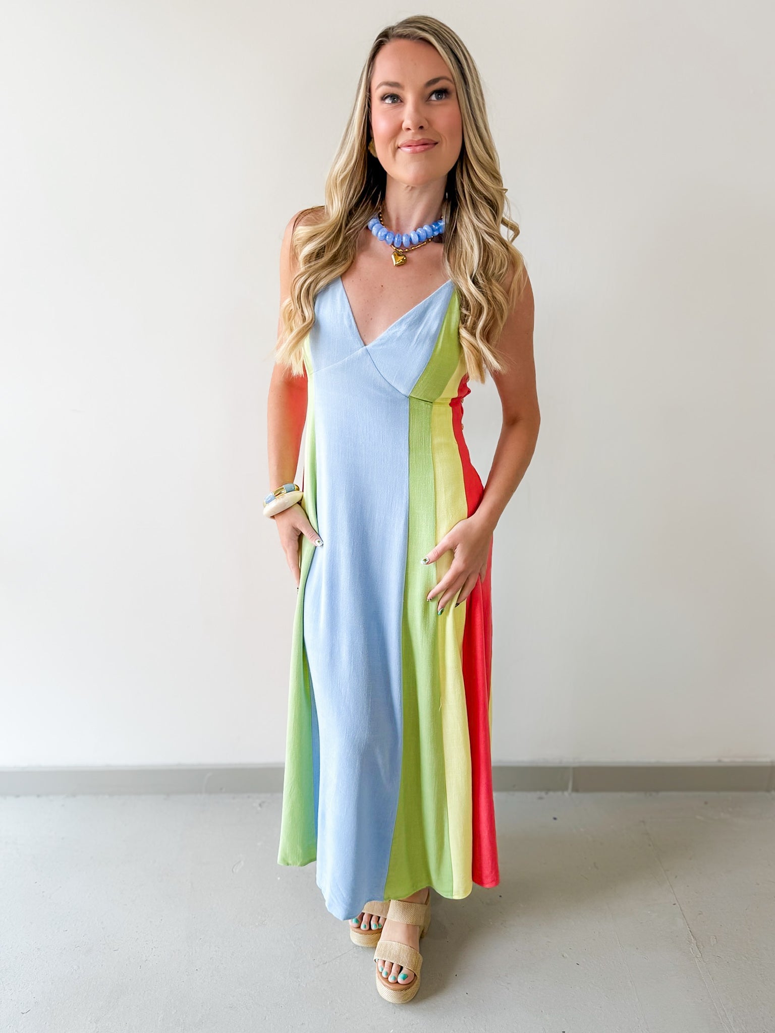 Sky Linen Multi-stripe Midi Dress