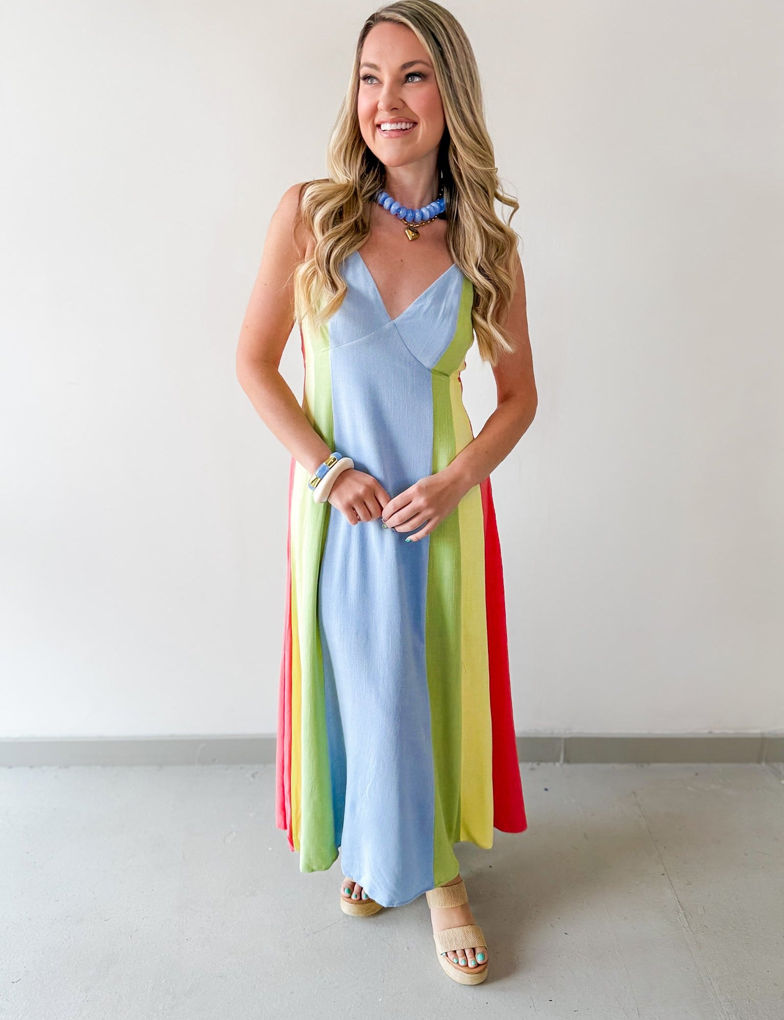 Sky Linen Multi-stripe Midi Dress