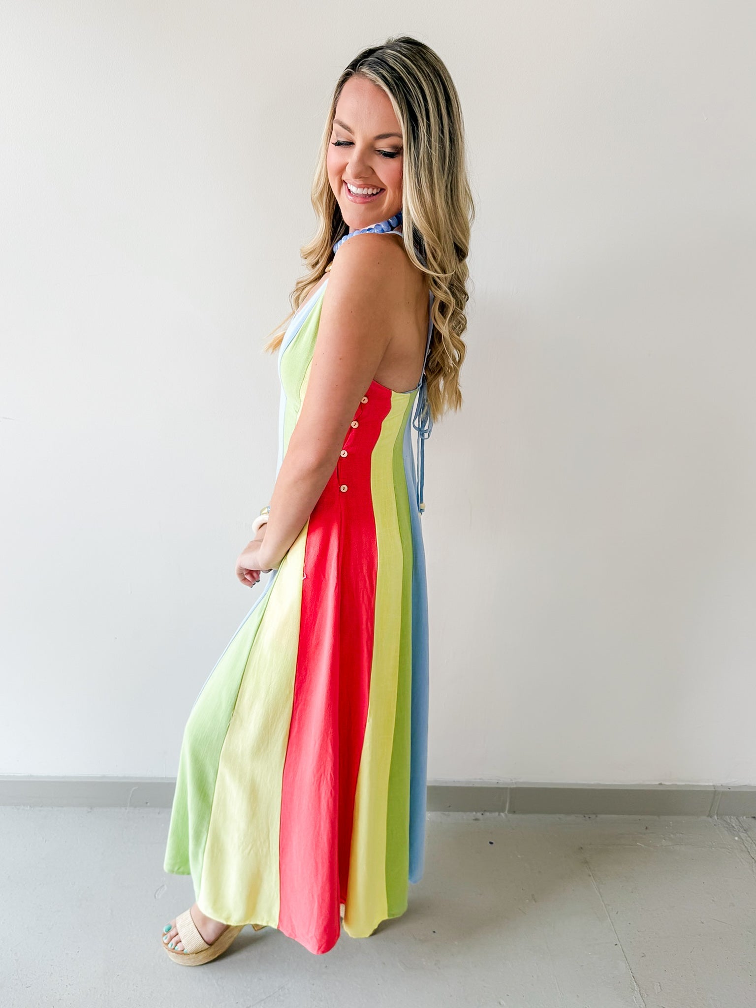 Sky Linen Multi-stripe Midi Dress