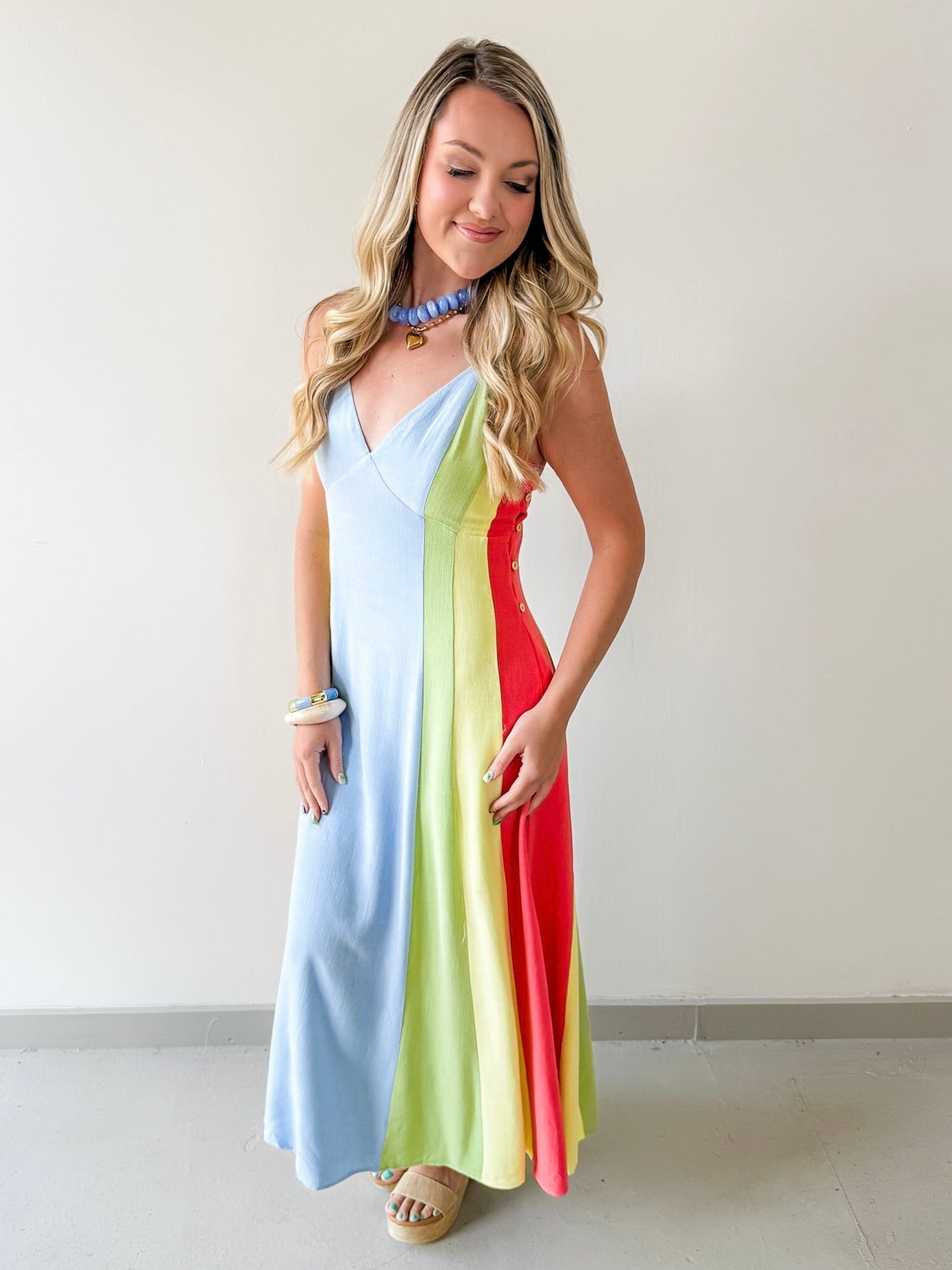 Sky Linen Multi-stripe Midi Dress
