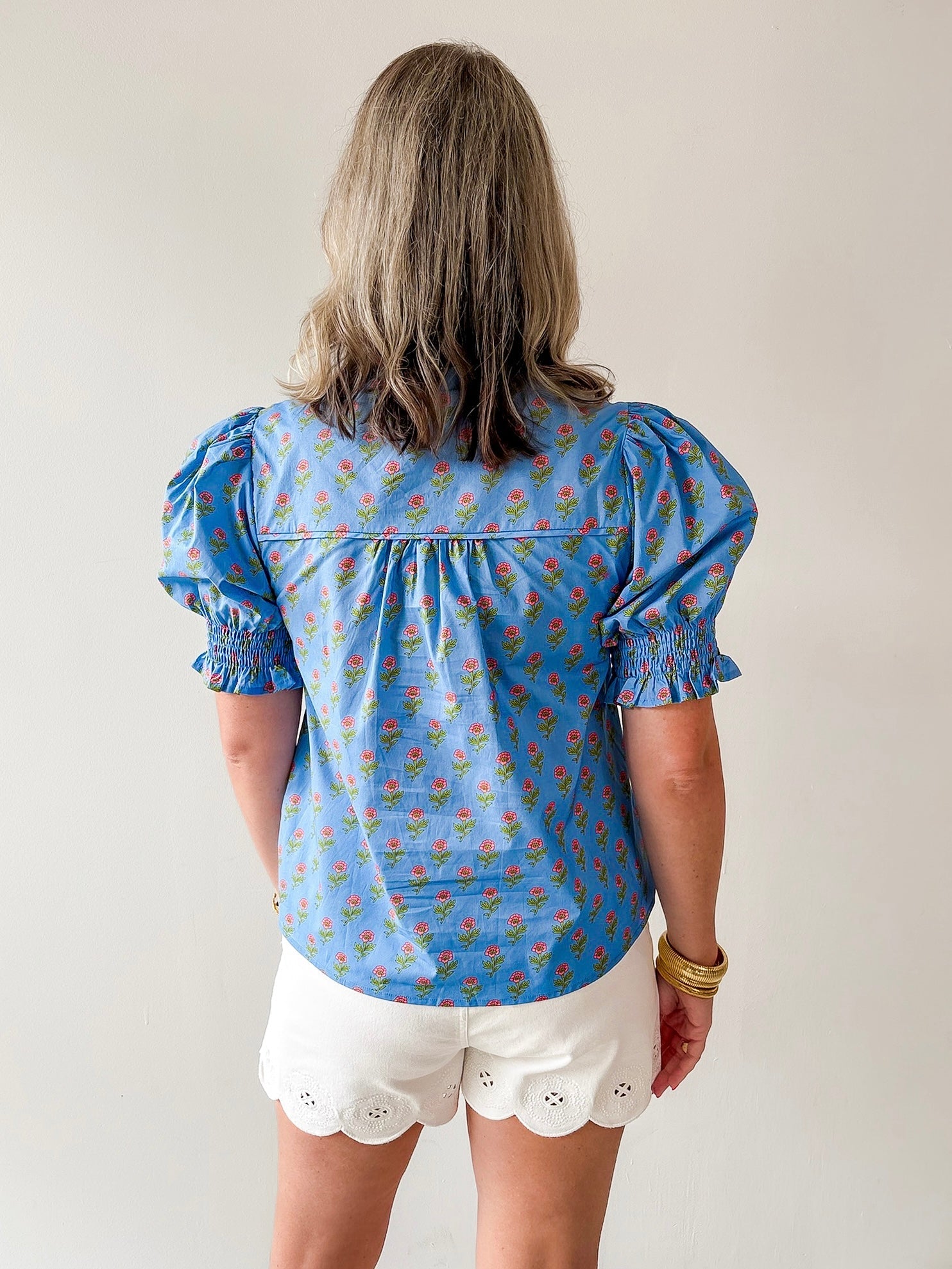 Smocked Cuff Placket Floral Top