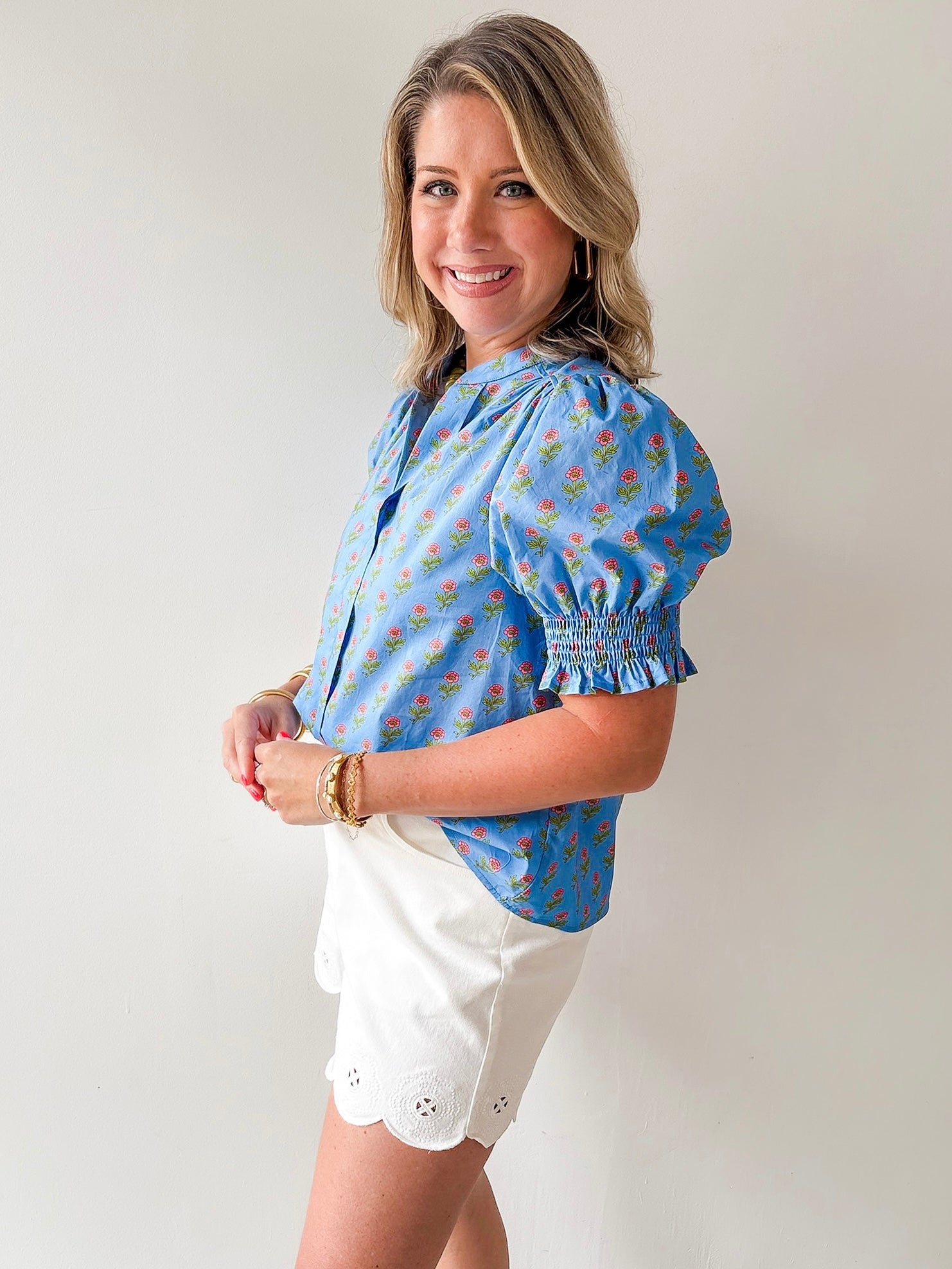 Smocked Cuff Placket Floral Top