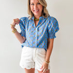 Smocked Cuff Placket Floral Top