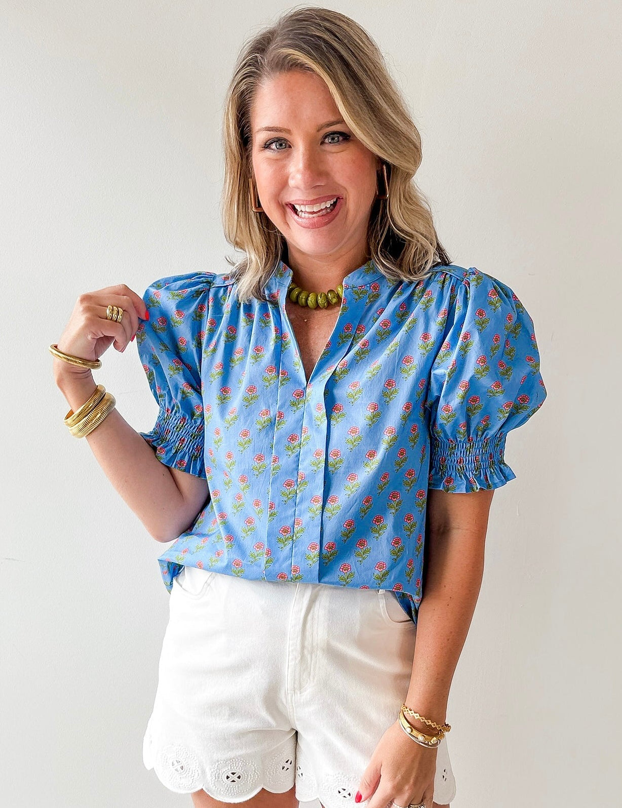 Smocked Cuff Placket Floral Top