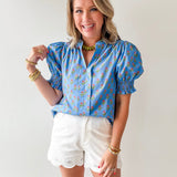 Smocked Cuff Placket Floral Top