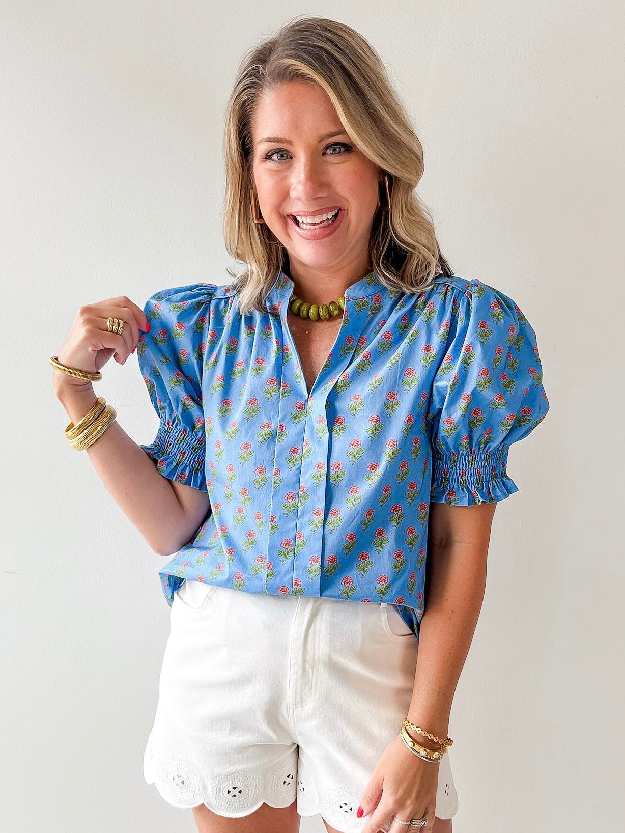 Smocked Cuff Placket Floral Top